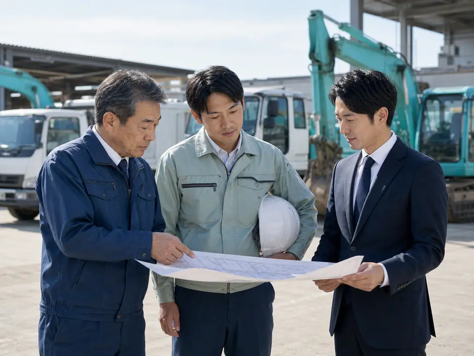 高崎周辺の建設設備業で経営者と現場責任者とM&A担当者が相談する様子