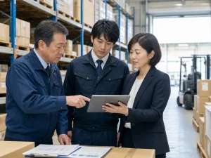 高崎周辺の物流卸売業で経営者と後継者とM&A担当者が相談する様子