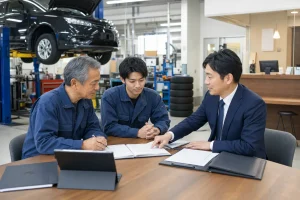高崎周辺の自動車整備工場でM&Aと事業承継に向けて整備記録を確認する経営者と担当者