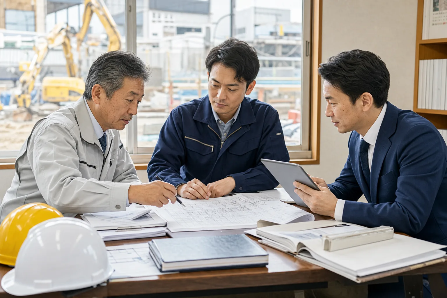 高崎周辺の建設・設備工事会社でM&Aと事業承継に向けて工事資料を確認する経営者と担当者