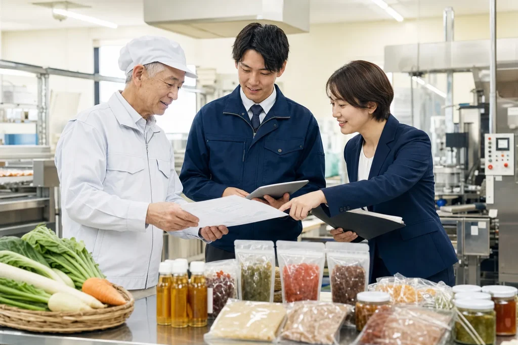 高崎周辺の食品加工業でM&Aと事業承継に向けて製造資料を確認する経営者と担当者