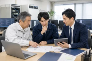 高崎周辺のIT・システム開発会社でM&Aと事業承継に向けて案件資料を確認する経営者と担当者