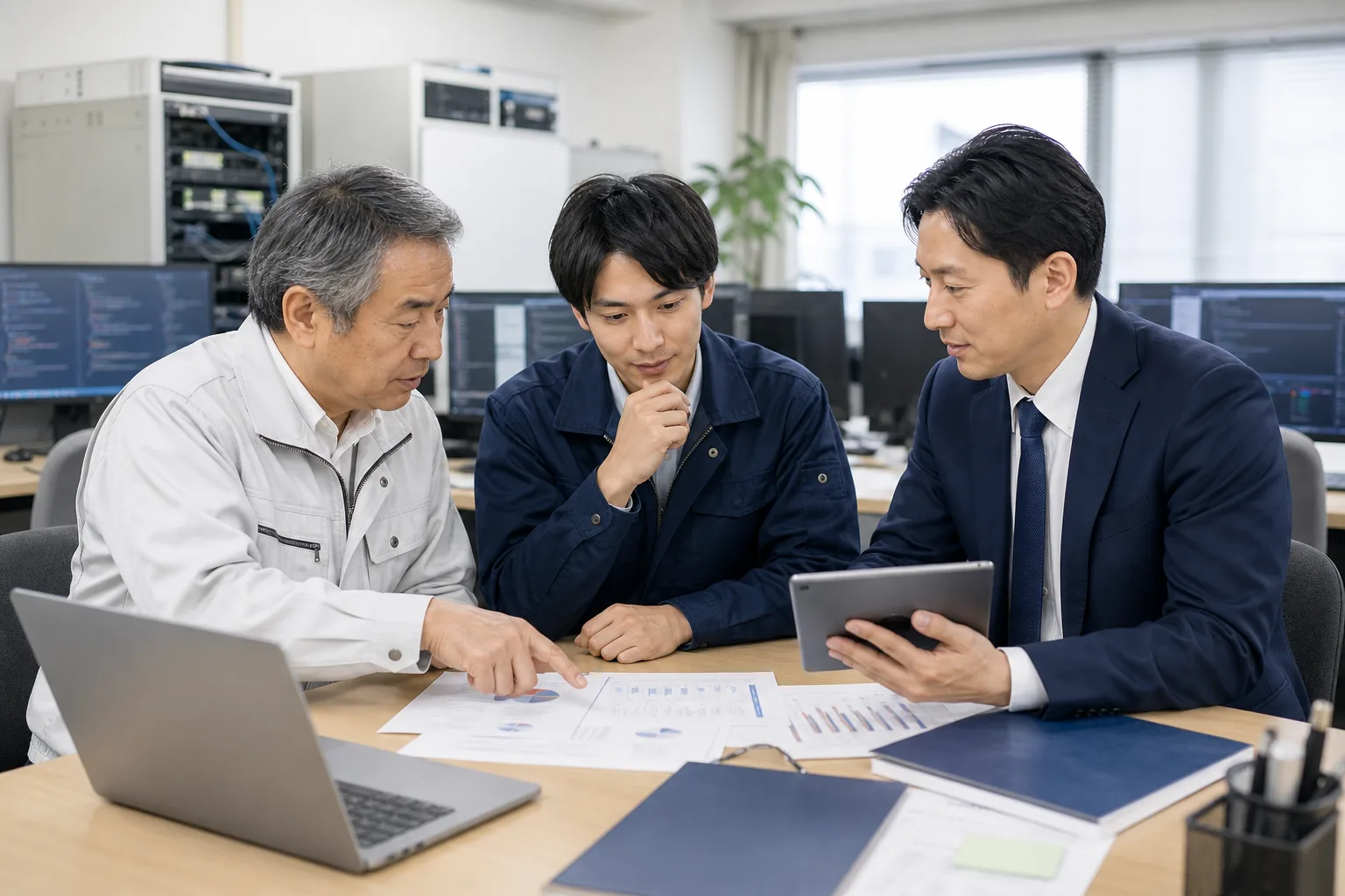 高崎周辺のIT・システム開発会社でM&Aと事業承継に向けて案件資料を確認する経営者と担当者