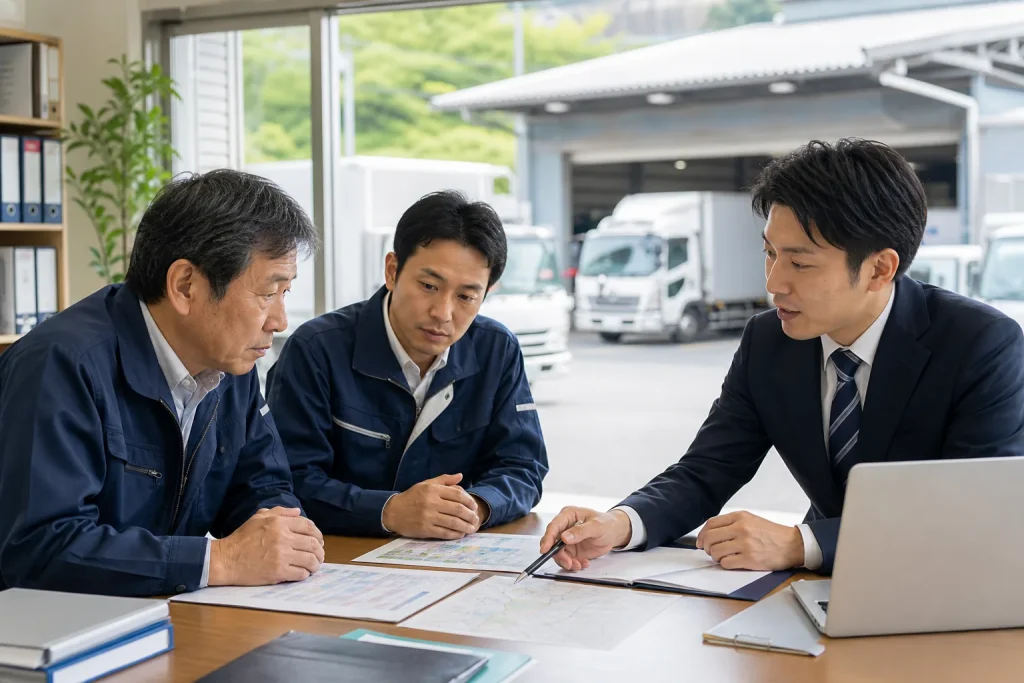 高崎周辺の運送・物流会社でM&Aと事業承継に向けて運行資料を確認する経営者と担当者
