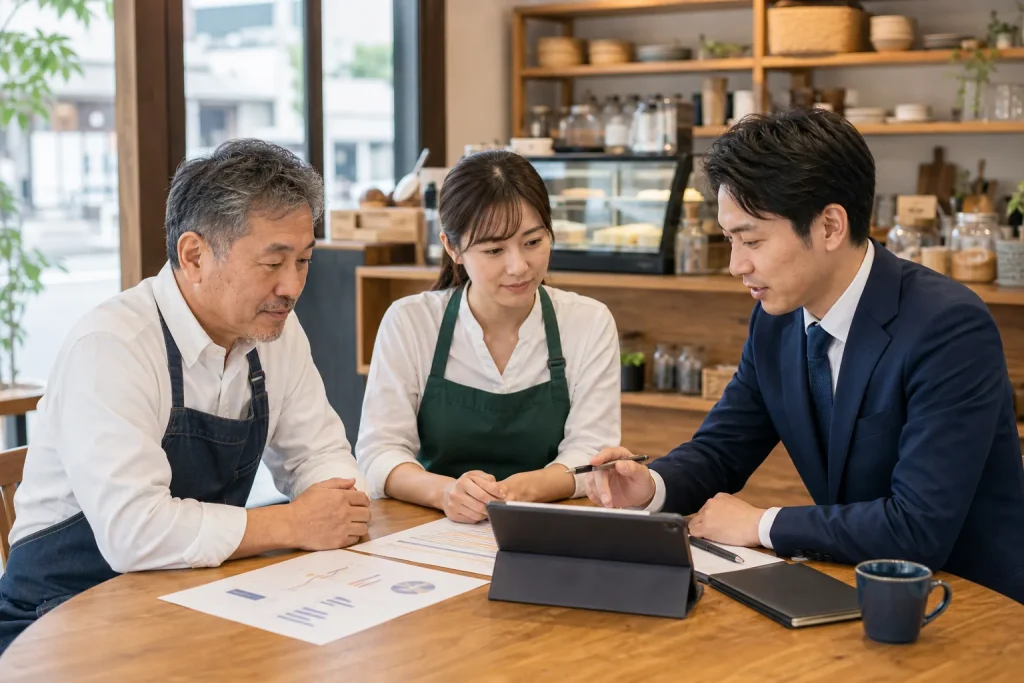高崎周辺の飲食・小売・店舗サービス業でM&Aと事業承継に向けて売上資料を確認する経営者と担当者